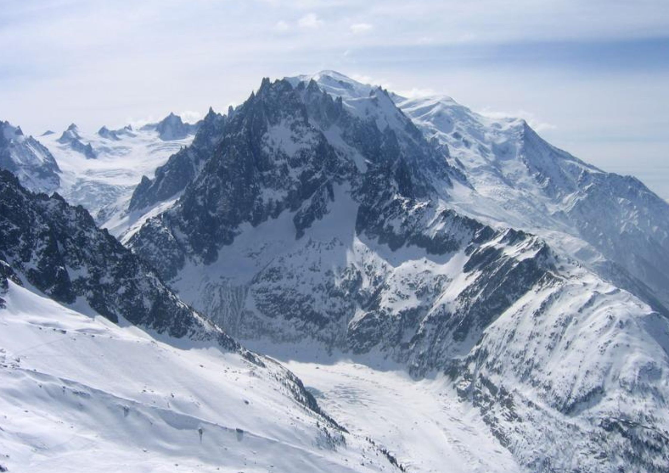 Grand Montets ski area above Argentiere with Mont Blanc massif in the background