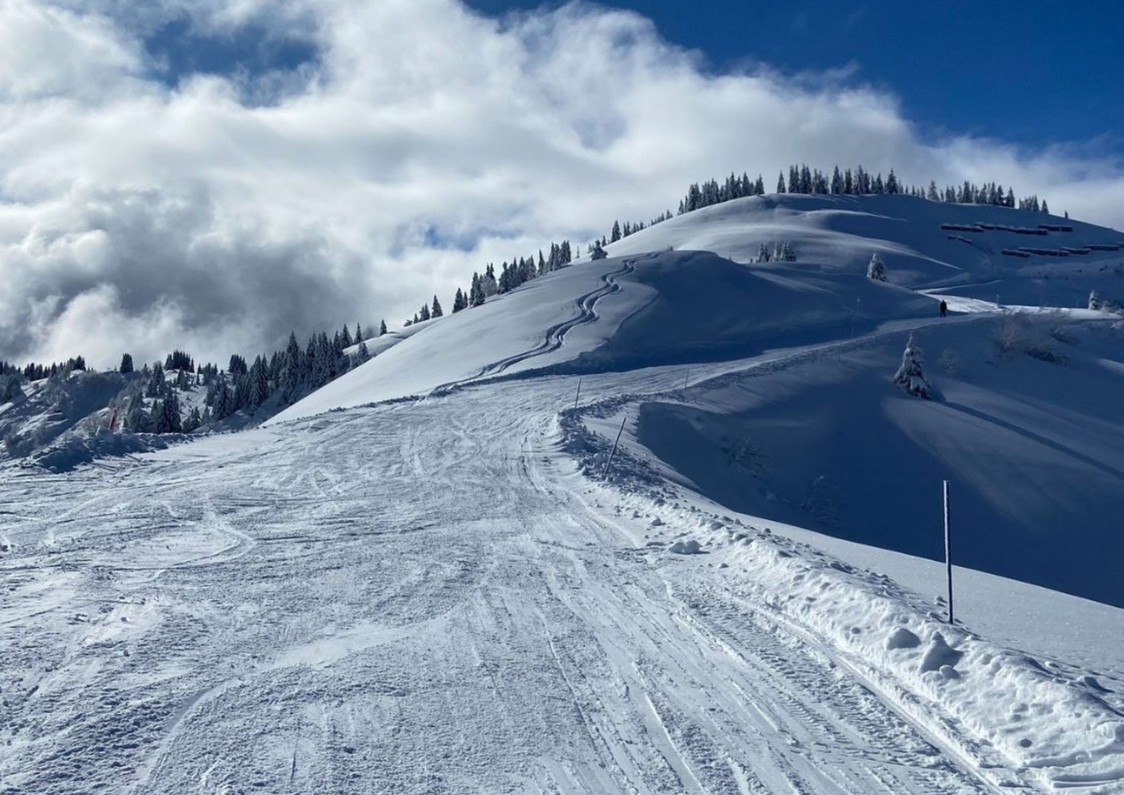 Wide open ski piste above La Giettaz in the Portes du Mont Blanc ski area with fresh snow and pine trees</p>
<p>