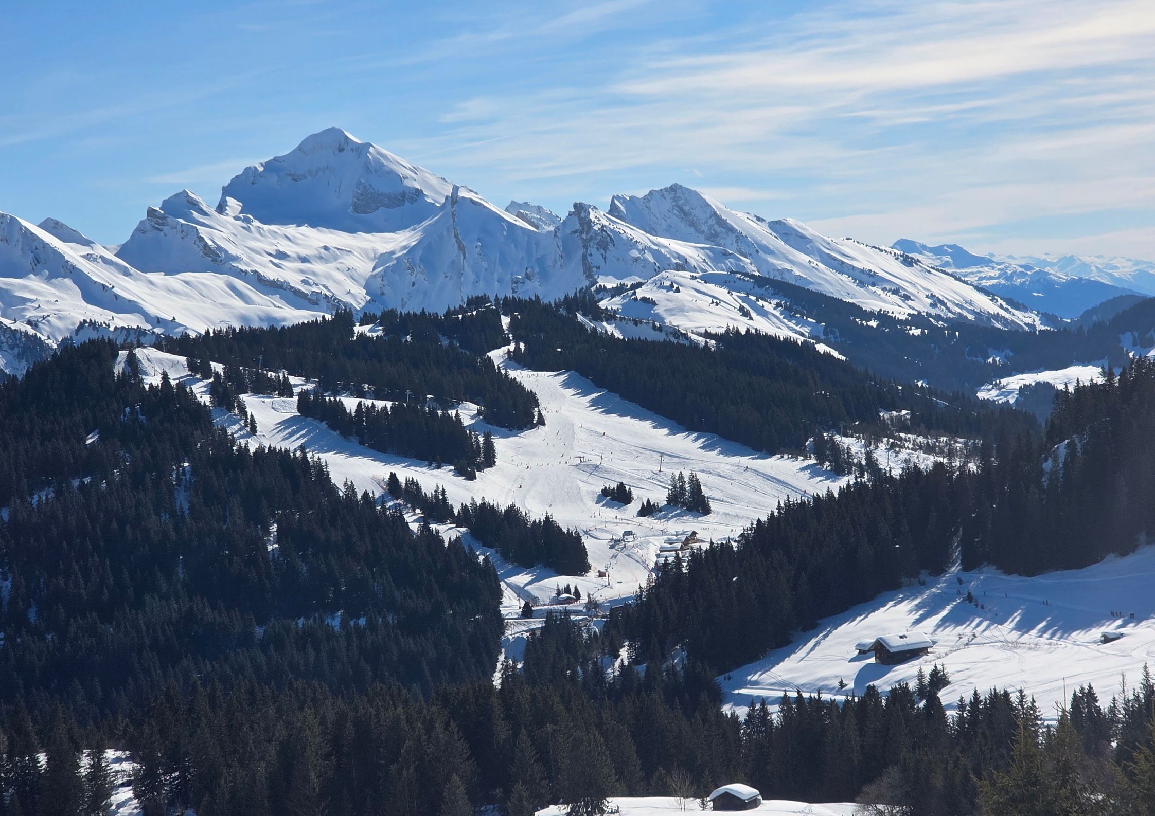 Manigod ski area from above with tree-lined pistes and Aravis mountain peaks in the background