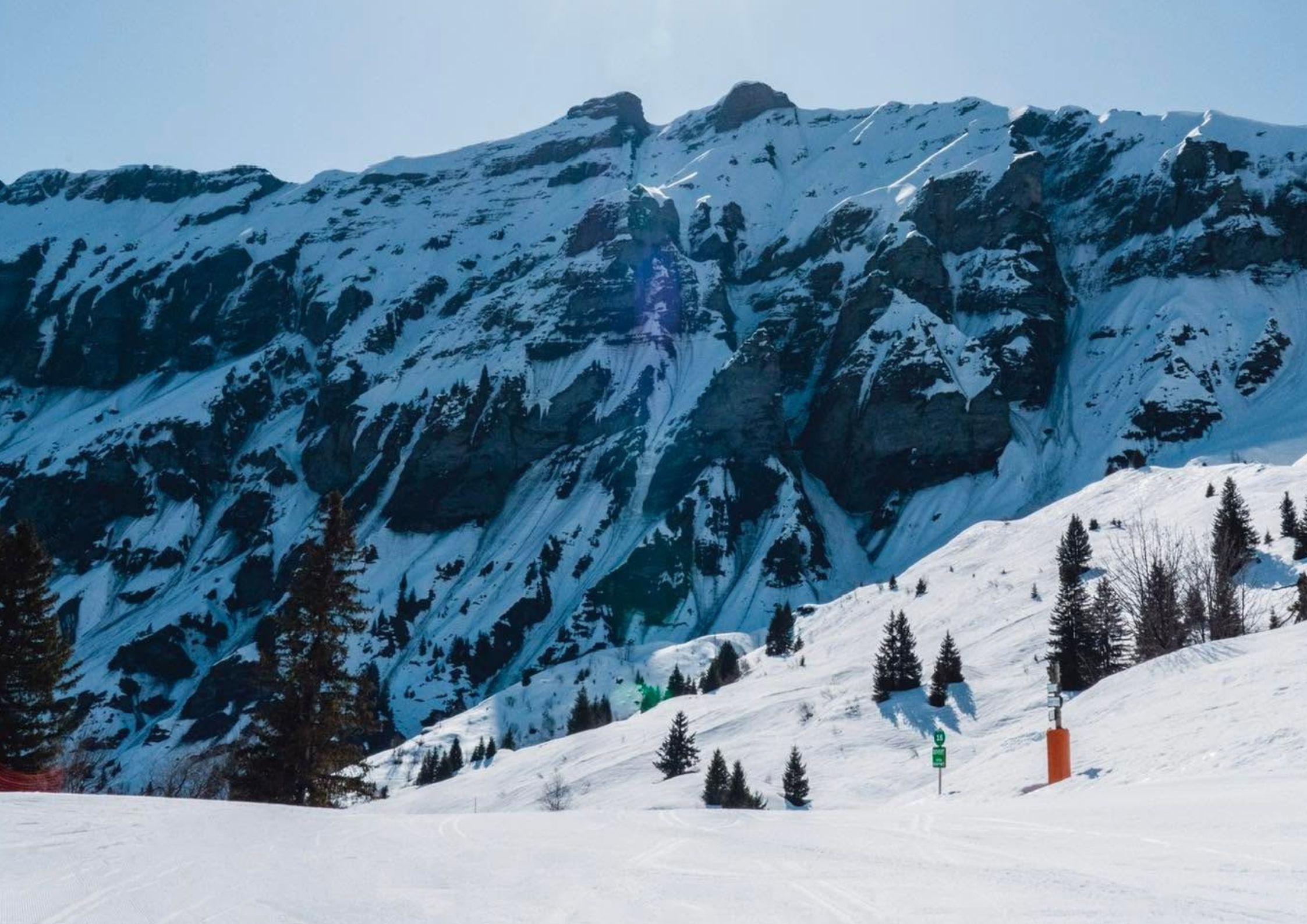 Manigod ski area from above with tree-lined pistes and Aravis mountain peaks in the background